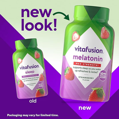 vitafusion Max Strength 10 mg Melatonin Gummies, Strawberry Flavored, Adult Melatonin Gummy Vitamin Supplement, 100 Count, 50 Day Supply