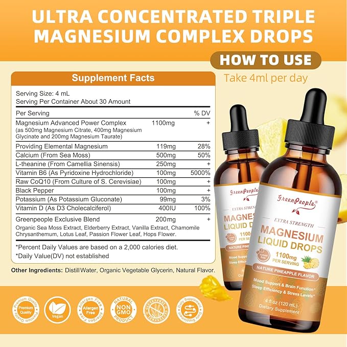 GREENPEOPLE Magnesium Glycinate Liquid Drop - 17-in-1 4Fl. Oz Triple Magnesium Complex Supplement with Glycinate 400mg & Citrate 500mg Taurate/L-Theanine for Calm Mood/Muscle/Sleep,Pineapple Flavor
