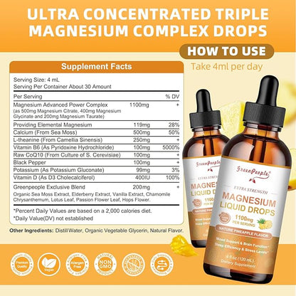 GREENPEOPLE Magnesium Glycinate Liquid Drop - 17-in-1 4Fl. Oz Triple Magnesium Complex Supplement with Glycinate 400mg & Citrate 500mg Taurate/L-Theanine for Calm Mood/Muscle/Sleep,Pineapple Flavor