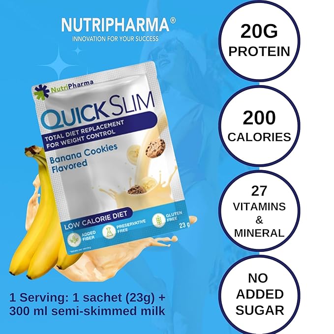 Quick Slim High Protein Shakes for Weight Loss, 30 Servings, Complete Meal Replacement Powder, Diet Shakes for Women & Men, 20g Protein, 27 Vit & Min, Keto, Gluten Free (Banana Cookies, 30 Sachets)