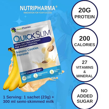 Quick Slim High Protein Shakes for Weight Loss, 30 Servings, Complete Meal Replacement Powder, Diet Shakes for Women & Men, 20g Protein, 27 Vit & Min, Keto, Gluten Free (Banana Cookies, 30 Sachets)