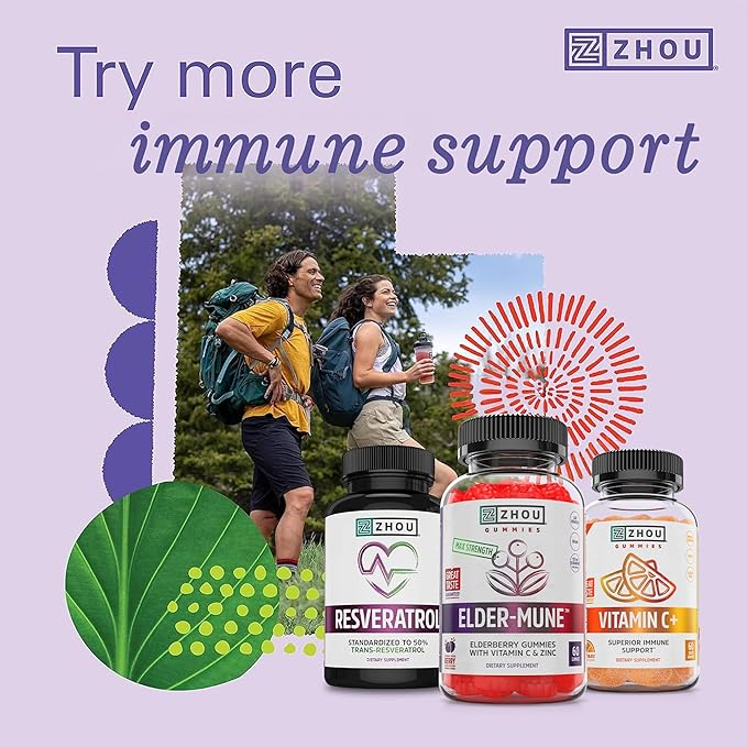 ZHOU Elder-Mune Elderberry Gummies - Black Elderberry Vitamin C, & Zinc, Daily Immune Support Supplement for Women & Men, Natural Chews for Adults & Children 4 & Up - 60 Gummies (3 Pack)