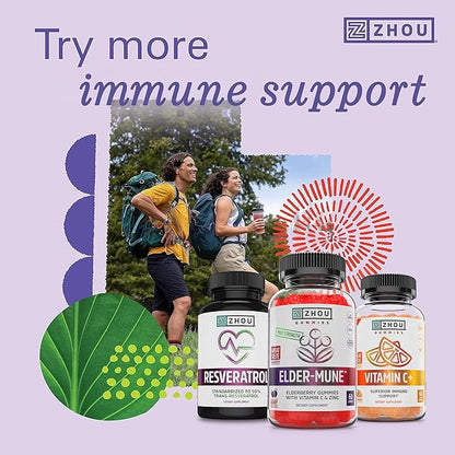 ZHOU Elder-Mune Elderberry Gummies - Black Elderberry Vitamin C, & Zinc, Daily Immune Support Supplement for Women & Men, Natural Chews for Adults & Children 4 & Up - 60 Gummies (3 Pack)