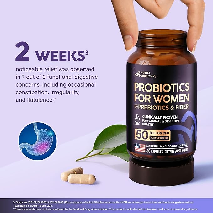 Probiotics for Women 50 Billion CFU - Vaginal Probiotics Clinically Proven for Yeast & pH Balance - Digestion & Bloating Relief - 8 Strains + Prebiotics - Delay Release - Made in USA, 60 Capsules