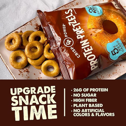 CRISP POWER Protein Pretzels, NEW Cinnamon Crunch, 26G Protein, High Protein Snack, High Fiber, Low Carb Crunchy Pretzel Snacks, No Added Sugar, 1.75 oz Bags, 6 Pack, Vegan, Keto