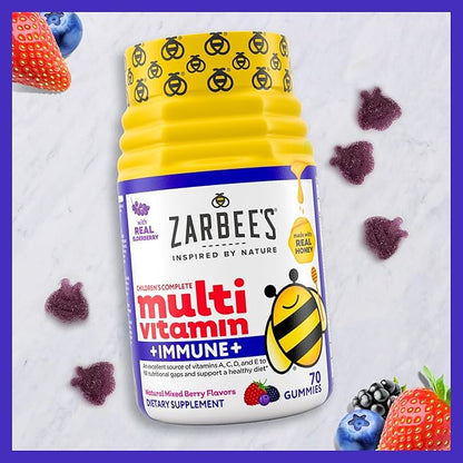 Zarbee’s Complete Kids Multivitamin Gummies + Immune Support, Berry Flavor, Honey-Sweetened, Gluten-Free & Gelatin-Free, Vitamins A, C, D3, E, B6, B12, Folic Acid & B-Complex, 70 Count