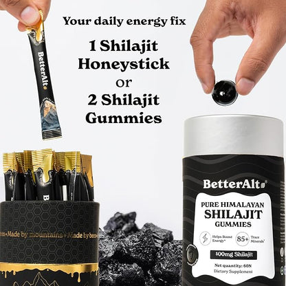 Better Alt Ultimate Power Up Duo | Shilajit Gummies + Shilajit Gold+ Honey Sticks | 3rd-Party Lab Tested | 1 Month Pack - Helps Boost Energy