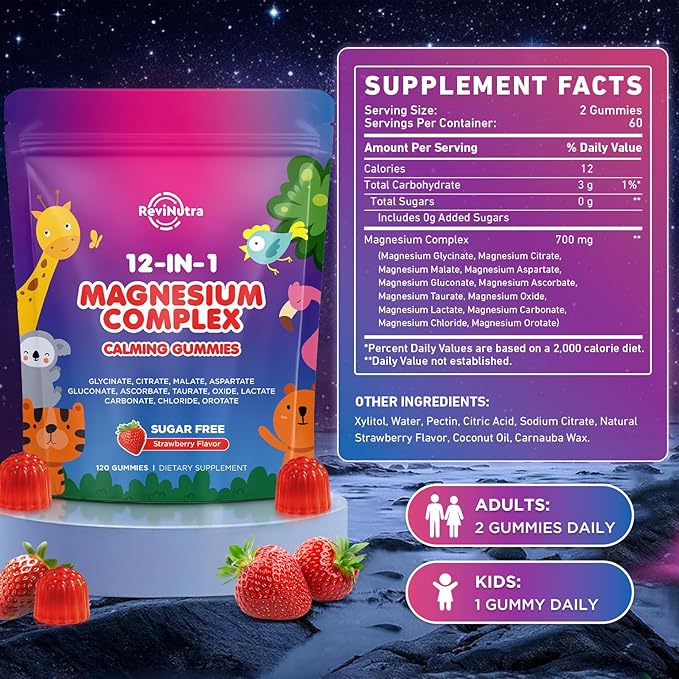 Magnesium Complex 700mg - 12 in 1 Magnesium Gummies with Glycinate, Citrate, Malate, Oxide, Taurate, Aspartate, Orotate - Supports Relaxation, Muscle & Heart - Sugar Free Strawberry 120 Count