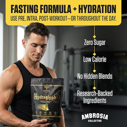 Ambrosia Hydroglyph Fasting Electrolytes Powder | Hydration Drink Mix with Amino Acids | Sugar Free Electrolyte Powder for Fasting & Intra Workout | 30 Servings, Strawberry Watermelon