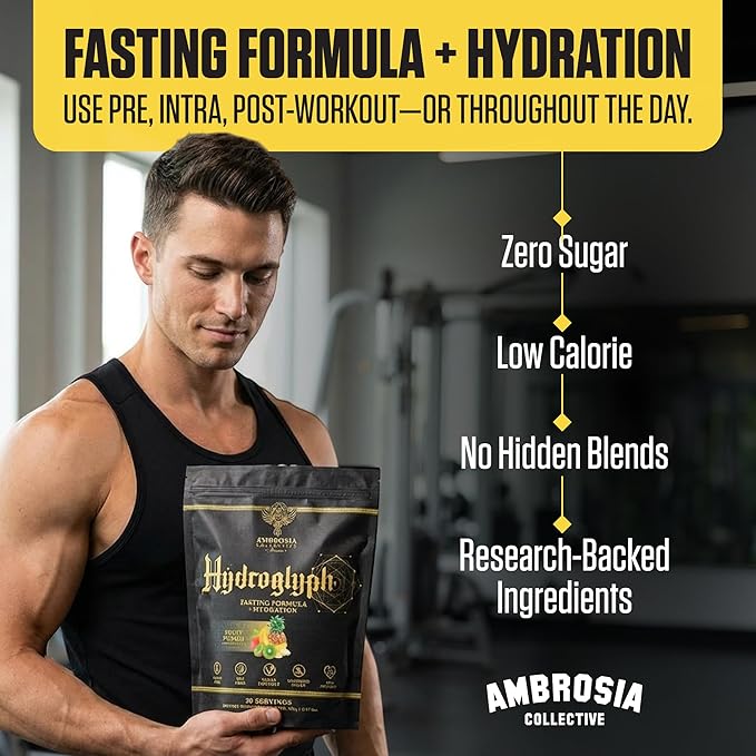 Ambrosia Hydroglyph Fasting Electrolytes Powder | Hydration Drink Mix with Amino Acids | Sugar Free Electrolyte Powder for Fasting & Intra Workout | 30 Servings, Fruit Punch