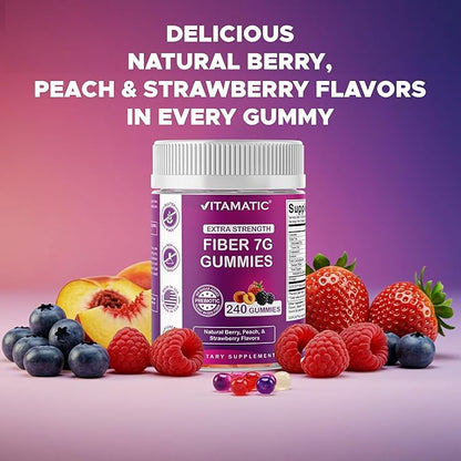 Vitamatic Prebiotic Fiber Gummies for Adults, 7G Extra Strength, Zero Sugar Added, 240 Pectin Based Gummies, Digestive Health & Regularity Support (Pack of 2)