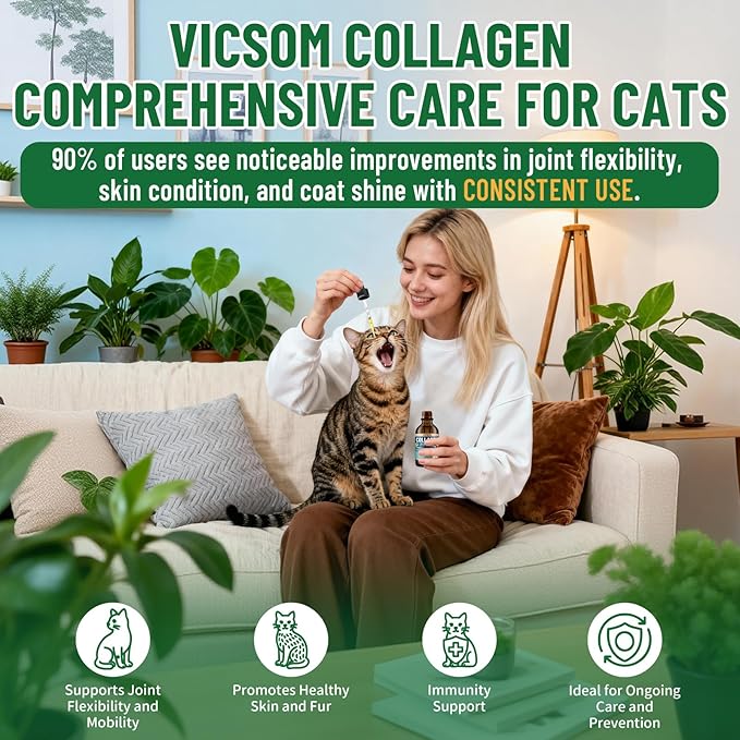 Liquid Collagen for Cats, Cat Collagen Drops with Bovine Collagens, Biotin & Vitamin C, Mobility & Flexibility, Itch Relief, Skin, Coat & Immunity Support, Cat Joint Supplement for Cats