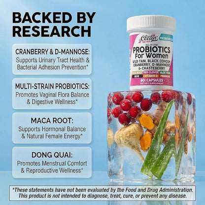 Clean Nutraceuticals Probiotics for Women with D Mannose, Cranberry Extract, Wild Yam, Chasteberry - 20 Probiotic and Prebiotic Strains - PH Balance, Womens Probiotic for Digestive Health - 60 Count
