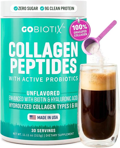 GOBIOTIX Collagen Powder Supplement with Probiotics - Hydrolyzed Protein Collagen Powder for Women - Hair Skin and Nails, Joint and Digestive Health - Collagen Peptides Type I and III - 30 Servings