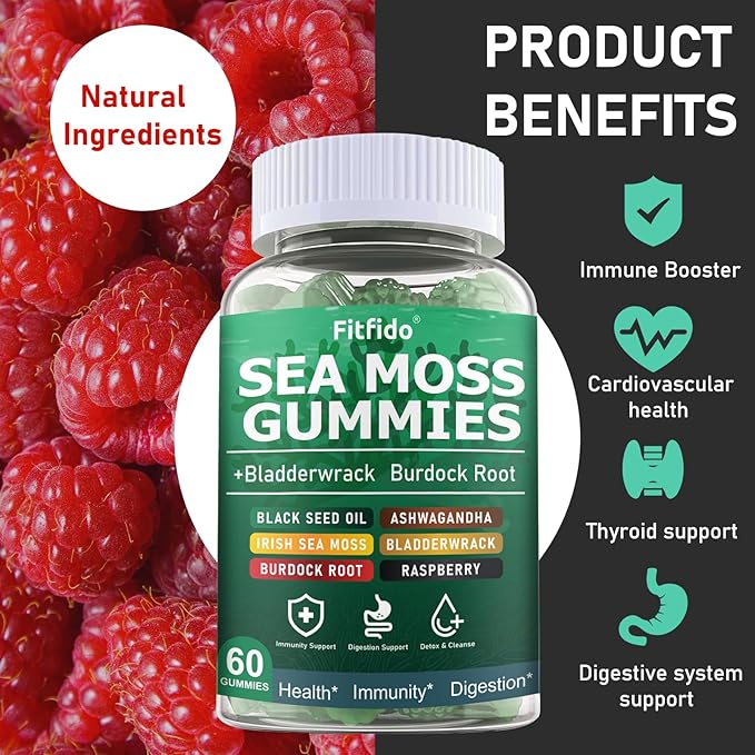 Irish Sea Moss 3000mg Gummies with Bladderwrack, Burdock Root & Manuka Honey - Immune, Thyroid & Detox Support - Seamoss Supplement, Extra Strength - Sugar Free & Vegan (60 Count, Raspberry)