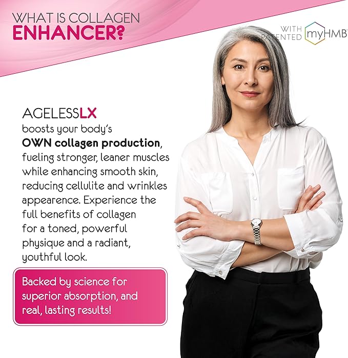 AgelessLX Powder Supplement for Women - with HMB Collagen Enhancer Plus Vitamin D3 with K2, Horsetail and Biotin for Lean Muscle and Stronger Hair and Nails - 30 Powder Packets Strawberry Lemonade
