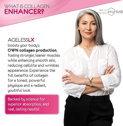 AgelessLX Powder Supplement for Women - with HMB Collagen Enhancer Plus Vitamin D3 with K2, Horsetail and Biotin for Lean Muscle and Stronger Hair and Nails - 30 Powder Packets Strawberry Lemonade