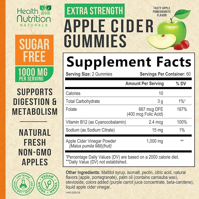 Apple Cider Vinegar Gummies - Sugar Free - Apple Cider Vinegar Powder 1000mg Per Serving - Max Strength ACV Gummy Vitamins - B12 & The Mother - Metabolism & Energy Support - Keto & Vegan - 120 Gummies