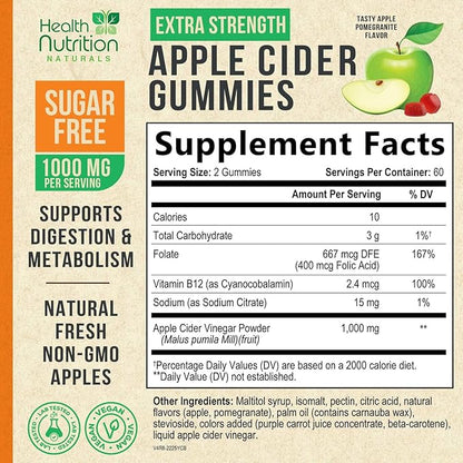 Apple Cider Vinegar Gummies - Sugar Free - Apple Cider Vinegar Powder 1000mg Per Serving - Max Strength ACV Gummy Vitamins - B12 & The Mother - Metabolism & Energy Support - Keto & Vegan - 120 Gummies