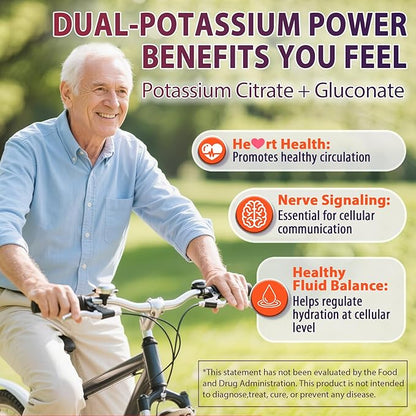 Potassium Citrate and Potassium Gluconate Supplement, 1200mg Two Forms of Potassium Gummies, w/Magnesium, Omega-3, Calcium, Vitamin D3 K2 B12 E B6, Folate for Mṵṣḉḷḙ, Nerves, Health Bones, 120Cts