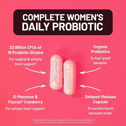 NatureWise Probiotics for Women + Organic Prebiotics D-Mannose & Cranberry - Vaginal Probiotics for PH Balance, Digestive & Urinary Tract - 18 Strains, 20 Billion CFU - 60 Capsules[60-Day Supply]