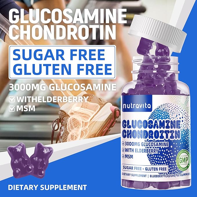 Nutravita Glucosamine Chondroitin Gummies with MSM & Elderberry Extra Strength - Joint Support, Antioxidant Immune Support Supplement for Adults, Men & Women.120 Blueberry Chews