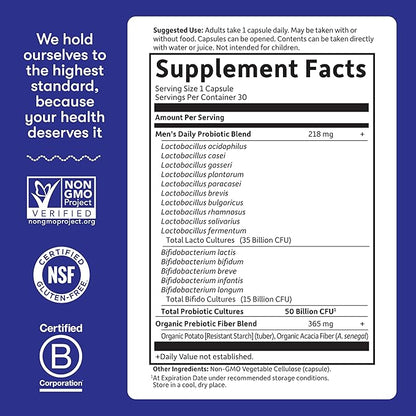 Garden of Life Probiotics for Men, Dr Formulated 50 Billion CFU 15 Probiotics for Digestive Health + Organic Prebiotic Fiber, Colon & Immune Support, Daily Gas Relief, Shelf Stable, 30 Capsules