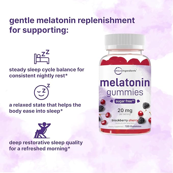 Micro Ingredients Melatonin 20mg Gummies for Adults, 120 Count | Sleep Aid 10mg Melatonin per Gummy | Sugar Free BlackBerry Cherry Flavor | No Drug + Non-Habit-Forming | Non-GMO, Gluten Free