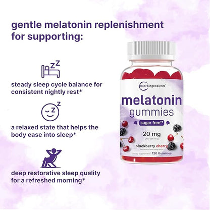 Micro Ingredients Melatonin 20mg Gummies for Adults, 120 Count | Sleep Aid 10mg Melatonin per Gummy | Sugar Free BlackBerry Cherry Flavor | No Drug + Non-Habit-Forming | Non-GMO, Gluten Free