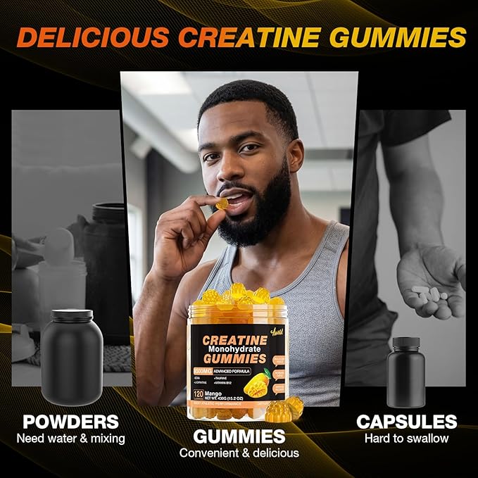 Creatine Monohydrate Gummies 8500 MG for Men and Women, Creatine Monohydrate Supplement for Muscle Growth, Strength & Energy Support, Pre Workout Gummies 120 Count Mango Flavor