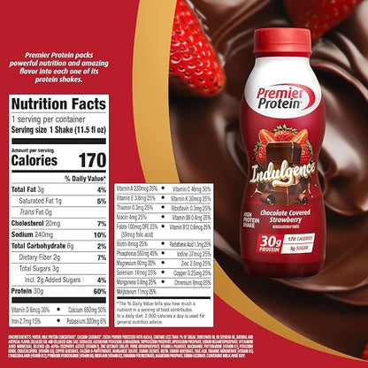 Premier Protein Shake INDULGENCE,Chocolate Covered Strawberry,30g Protein,170 Calories,3g Sugar,11.5 fl oz (Packaging May Vary),(Pack of 24)