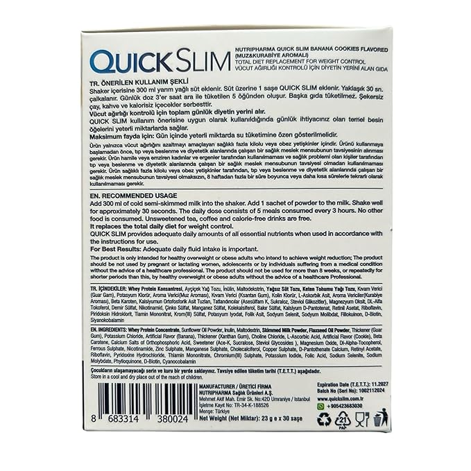 Quick Slim High Protein Shakes for Weight Loss, 30 Servings, Complete Meal Replacement Powder, Diet Shakes for Women & Men, 20g Protein, 27 Vit & Min, Keto, Gluten Free (Banana Cookies, 30 Sachets)
