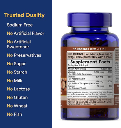 Puritan's Pride Premium Super Synergistic Antioxidant Formula, Dietary Supplement to Help Fight Premature Aging*, Vitamins A, C, E, and Selenium Mineral, 3 Month Supply, 100 Rapid Release Softgels