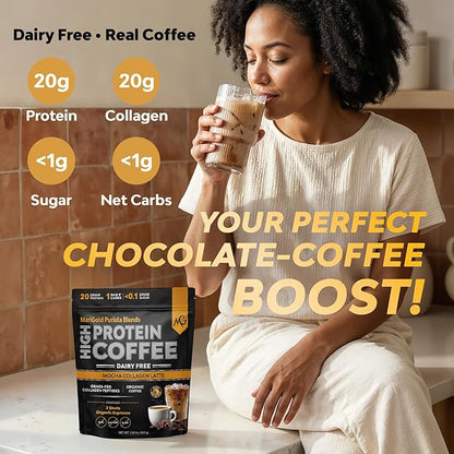 MariGold High Protein Collagen Coffee - Mocha Collagen Latte, Dairy Free, 20g Grass-Fed Type I & III Collagen Peptides, Energy Boost, 2 Shots Organic Espresso, Non-GMO, 1 Lb Bag, 15 Servings
