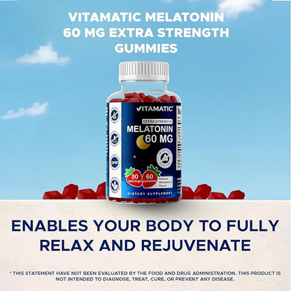 Vitamatic Sugar Free Melatonin 60 mg - 60 Vegetarian Gummies - Non-Habit Forming Supplement- 2 Pack