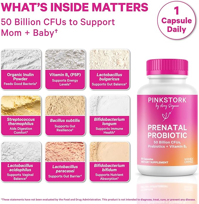 Pink Stork Prenatal Probiotic for Women with 50 Billion CFU | Vitamin B6 & Prebiotics | Pregnancy Probiotics for Morning Sickness | Digestive, Immune, & Gut Health | Vegan & Gluten-Free | 30 Capsules