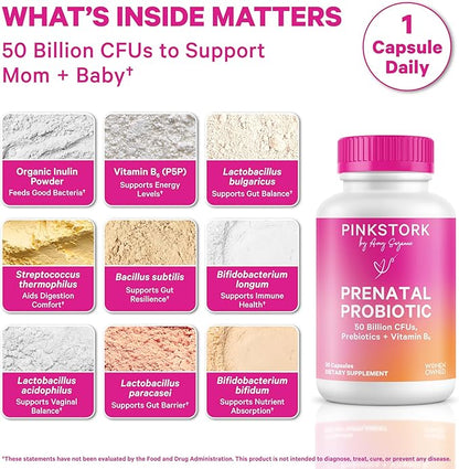 Pink Stork Prenatal Probiotics for Women - Vitamin B6, Prebiotics, Morning Sickness, Gut Microbiome, Pregnancy Probiotic, Immune Support, Pregnancy Must Haves - 60 Capsules