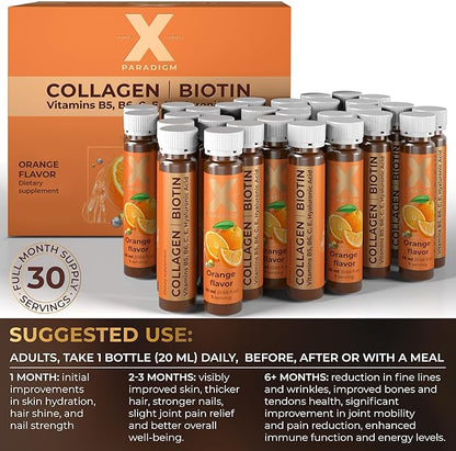 Liquid Collagen Peptides with Biotin & Hyaluronic Acid - 3000mg Hydrolyzed Collagen Type 1 and 3, Biotin 10000mcg, Vitamins B5, B6, C & E - Liquid Collagen Shots for Women and Men