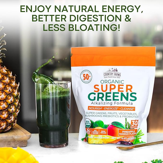 Country Farms Super Greens Pineapple-Mango Flavor, 50 Organic Super Foods, USDA Organic Drink Mix (Wheat Grass, Spirulina, Chlorella) Mushrooms & Probiotics, with Fiber, Natural Energy, 30 Servings