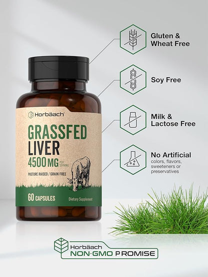 Horbäach Grass Fed Beef Liver | 4500mg | 60 Capsules | Desiccated, Pasture Raised, Grain Free, Non-GMO Supplement