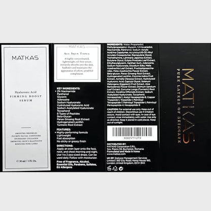 MATKAS Korean Firming Boost Hydrating Hyaluronic Acid Serum 1 Fl. Oz. - Hyaluronic Acid + 2% Niacinamide Serum for Dry Skin, Anti Aging Korean Peptides Moisturizer for Face, Deep Facial Skin Hydration