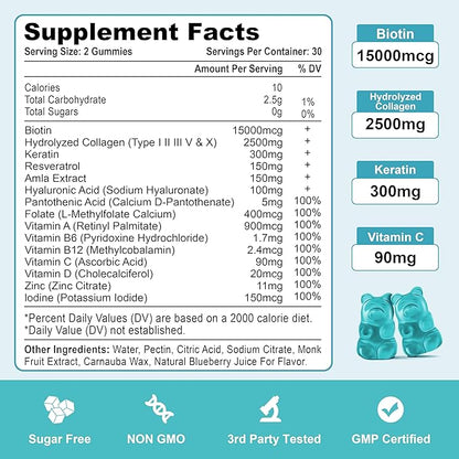 Biotin with Collagen Gummies, Hair Skin and Nails Vitamins Gummies for Hair Growth, Glowing Skin & Strong Nails - Blueberry Flavor, Sugar Free, 60 Count