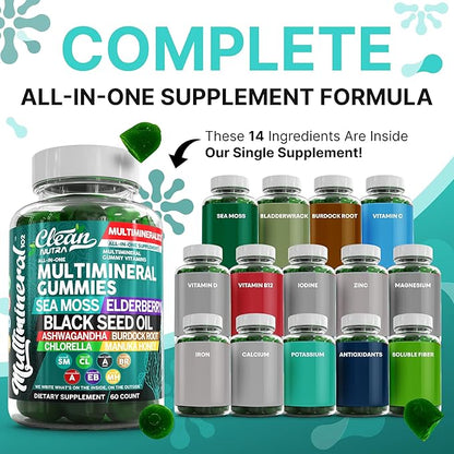 Sea Moss Gummies | Clinically Tested - Black Seed Oil Ashwagandha Elderberry Burdock Root Chlorella Manuka Honey - Vegan Irish Sea Moss Gummy Vitamins for Adults Kids Men Women - Green Apple Flavor