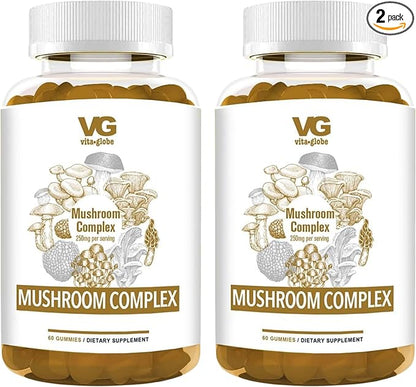 VITA GLOBE Mushroom Complex Gummies with Reishi, Lions Mane Mushrooms, Chaga, Cordyceps & More, Mushroom Supplement for Immune Defense, Energy & Brain Function Support, 250mg, 120 Count (Pack of 2)
