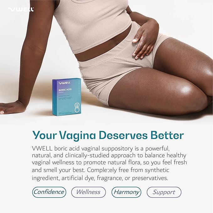VWELL Boric Acid Vaginal Suppositories - Homeopathic Solution Maintains and Balances Healthy Vaginal pH & Microbiome Intimacy - Doctors Recommended (One Size, 30, Count)