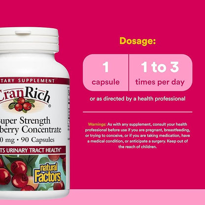 CranRich by Natural Factors, Super Strength Cranberry Concentrate, Antioxidant Supplement for Urinary Tract Support, Non-GMO, 90 Capsules
