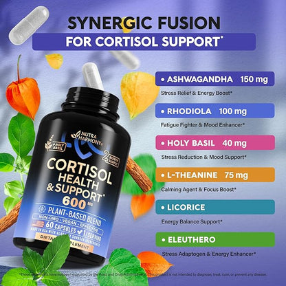 Cortisol Supplement for Women - Holy Basil | Ashwagandha | Rhodiola | L-Theanine - Plant-Based Hormone Balance - Mood, Focus & Sleep Support - Made in USA - Vegan, Non-GMO - 60 Capsules for 2 Months