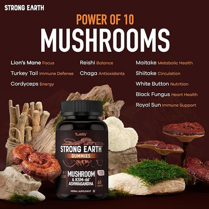 Mushroom Gummies with Ashwagandha - 350mg 10-in-1 Mushroom Blend - Lions Mane, Cordyceps, Reishi, Chaga, Turkey Tail, Maitake, Shiitake - Gelatin Free, Vegetarian - 60 Count (2 Per Serving)