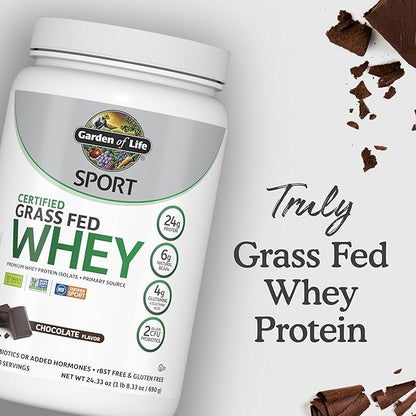 Garden of Life SPORT Whey Protein Powder Chocolate, Premium Grass Fed Whey Protein Isolate plus Probiotics for Immune System Health, 24g Protein, Non GMO, Gluten Free, Cold Processed - 20 Servings