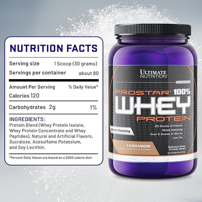 Ultimate Nutrition Prostar Whey Protein Powder Isolate, Cardamon - Low Carb, High Protein Powder Shake for Muscle Gain & Recovery - Low Sodium, Low-Fat & Keto Friendly - 2 lbs Tub